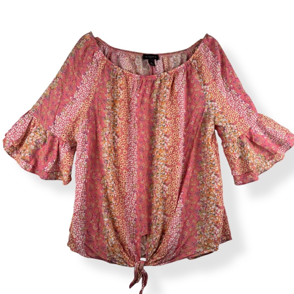 Womens Floral Linen Rayon Top Plus Size‎ 1X Feminine Curvy Ruffle Cottagecore